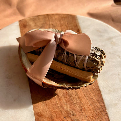 Smudging kit with abalone, palo santo stick and white sage