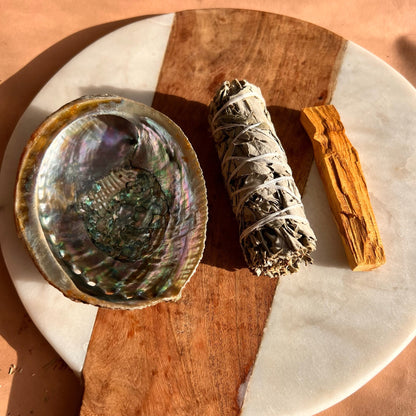 Smudging kit with abalone, palo santo stick and white sage