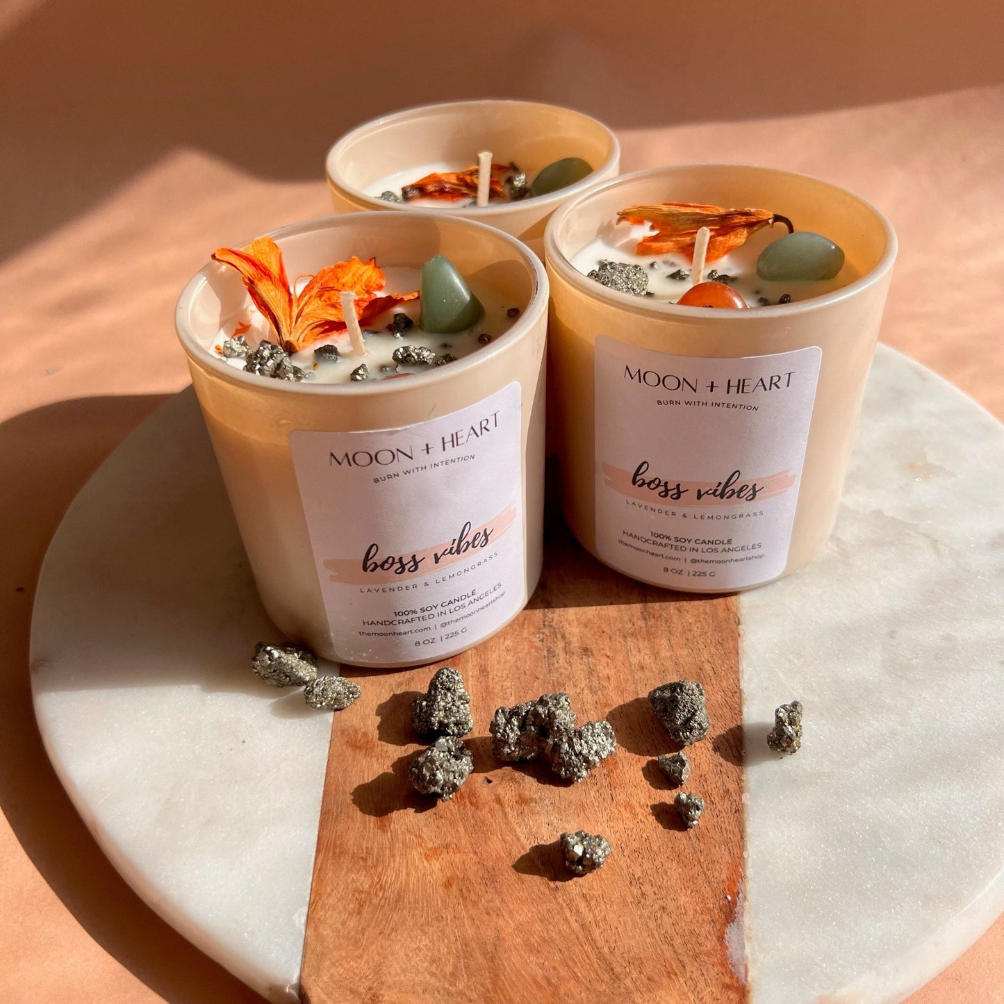 BOSS VIBES|  Intention Candle  w/ Crystals | Green Aventurine, Carnelian, Pyrite | Manifestation candle
