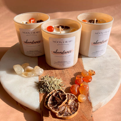 ABUNDANCE Intention Candle | Carnelian, Citrine | Scent: Lemongrass & Citrus