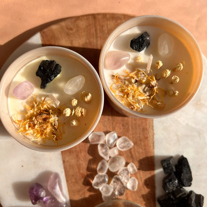 HEALING Intention Soy Wax Candle | Amethyst, Clear Quartz & Black Tourmaline | Scent: Black Oud, Rose & Tangerine