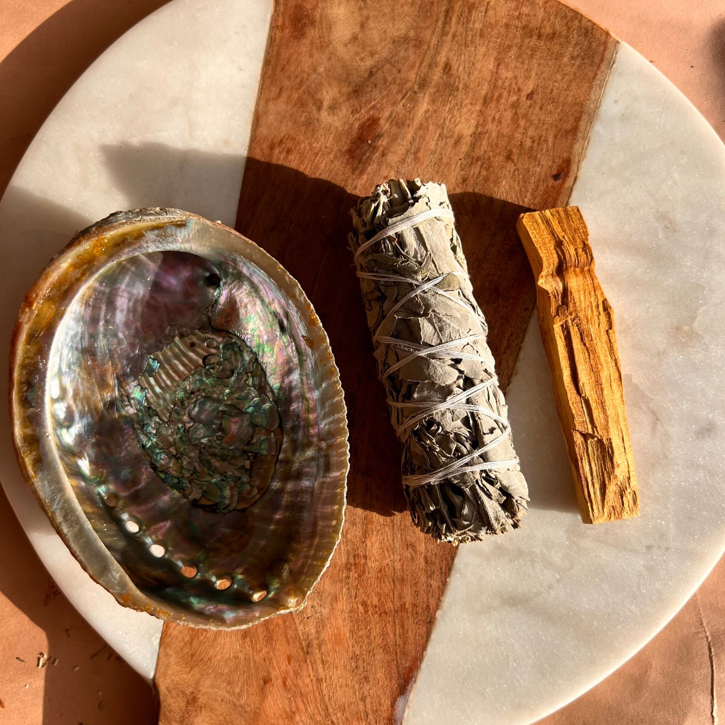 Smudging kit with abalone, palo santo stick and white sage