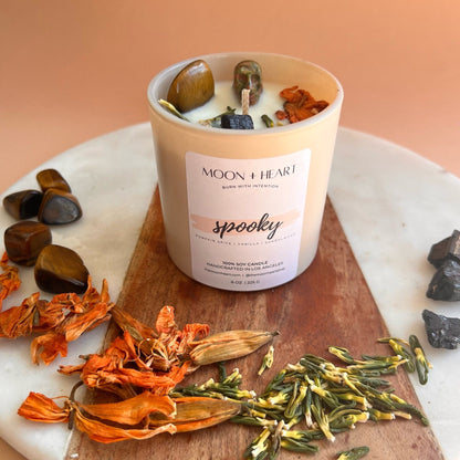 SPOOKY HORROR HALLOWEEN Candle with Unakite Crystal Skull | Soy Wax Intention Candle | Manifestation Candle with Crystals