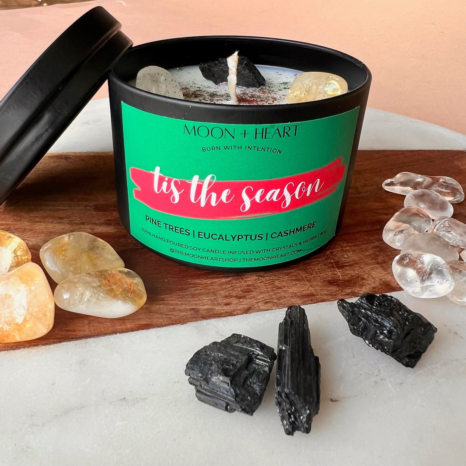 tis the season soy wax candle infused with crystals  scented pine trees, eucalyptus and cashmere