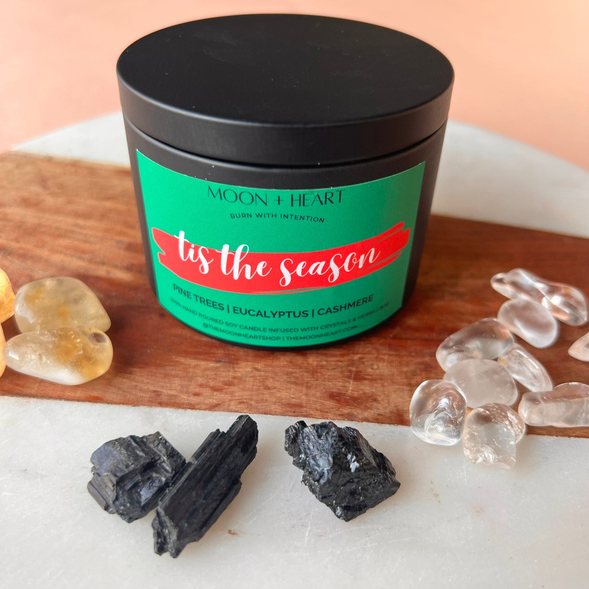 tis the season soy wax candle infused with crystals  scented pine trees, eucalyptus and cashmere