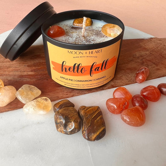 Hello Fall Intention Candle with crystals | Manifestation Candle | Cool Candles | Crystal Infused Candle