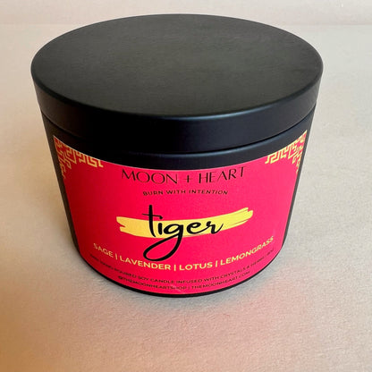 chinese zodiac candle tiger sign infused with feng shui coin and crystals, scented sage lavender lotus and lemongras
