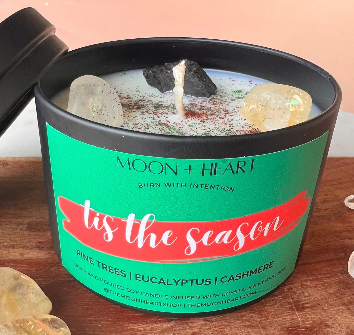 tis the season soy wax candle infused with crystals  scented pine trees, eucalyptus and cashmere