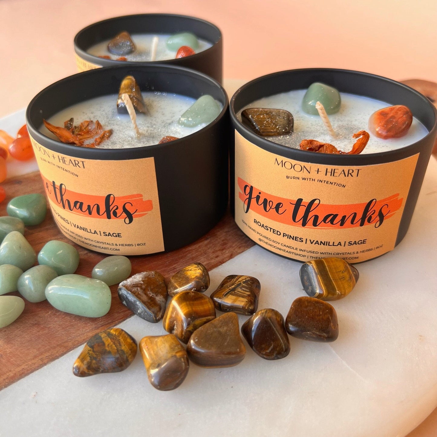 Thanksgiving Give Thanks Intention Candle with crystals | Manifestation Candle | Cool Candles | Crystal Infused Candle