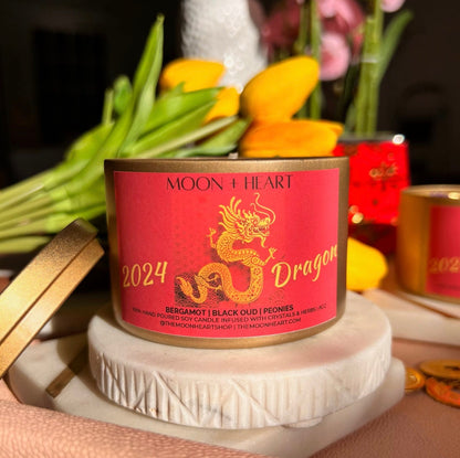 Dragon lunar year Gift Box of 3 Candles | Year of the Dragon |Crystal infused Intention candle | Manifestation Candle