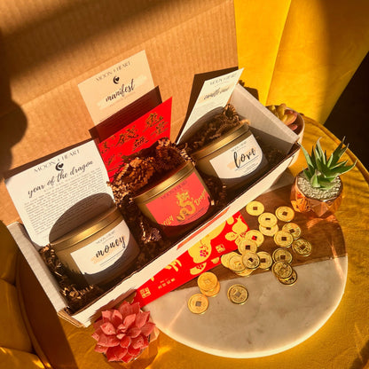 Dragon lunar year Gift Box of 3 Candles | Year of the Dragon |Crystal infused Intention candle | Manifestation Candle