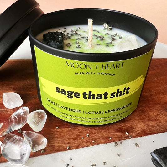 Sage that Shit Intention Candle with crystals | Manifestation Candle | Cool Candles | Crystal Infused Candle